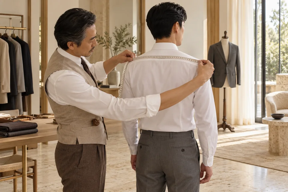 量体师为客户测量西服肩背尺寸的专业量体场景示意