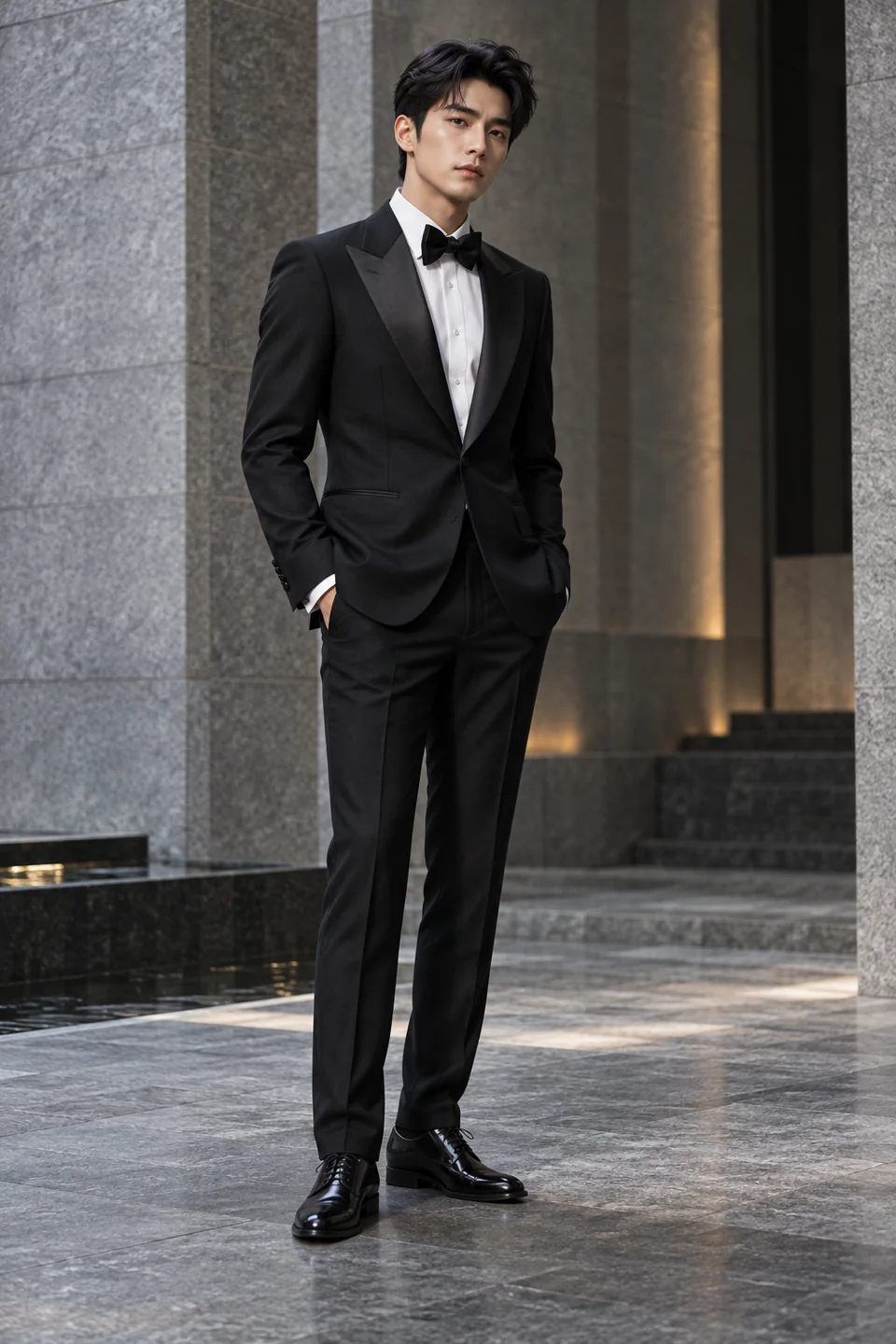 黑色戗驳领塔士多礼服，戗驳领与礼服剪裁的西服定制风格示意