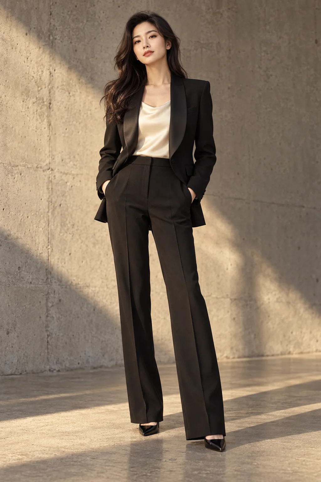 女士青果领礼服套装，青果领与礼服剪裁的西服定制风格示意