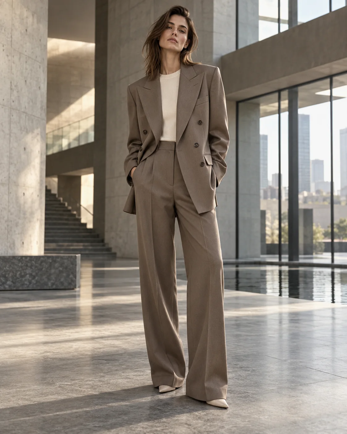 可可棕女士宽松双排扣裤装，戗驳领与宽松廓形的西服定制风格示意