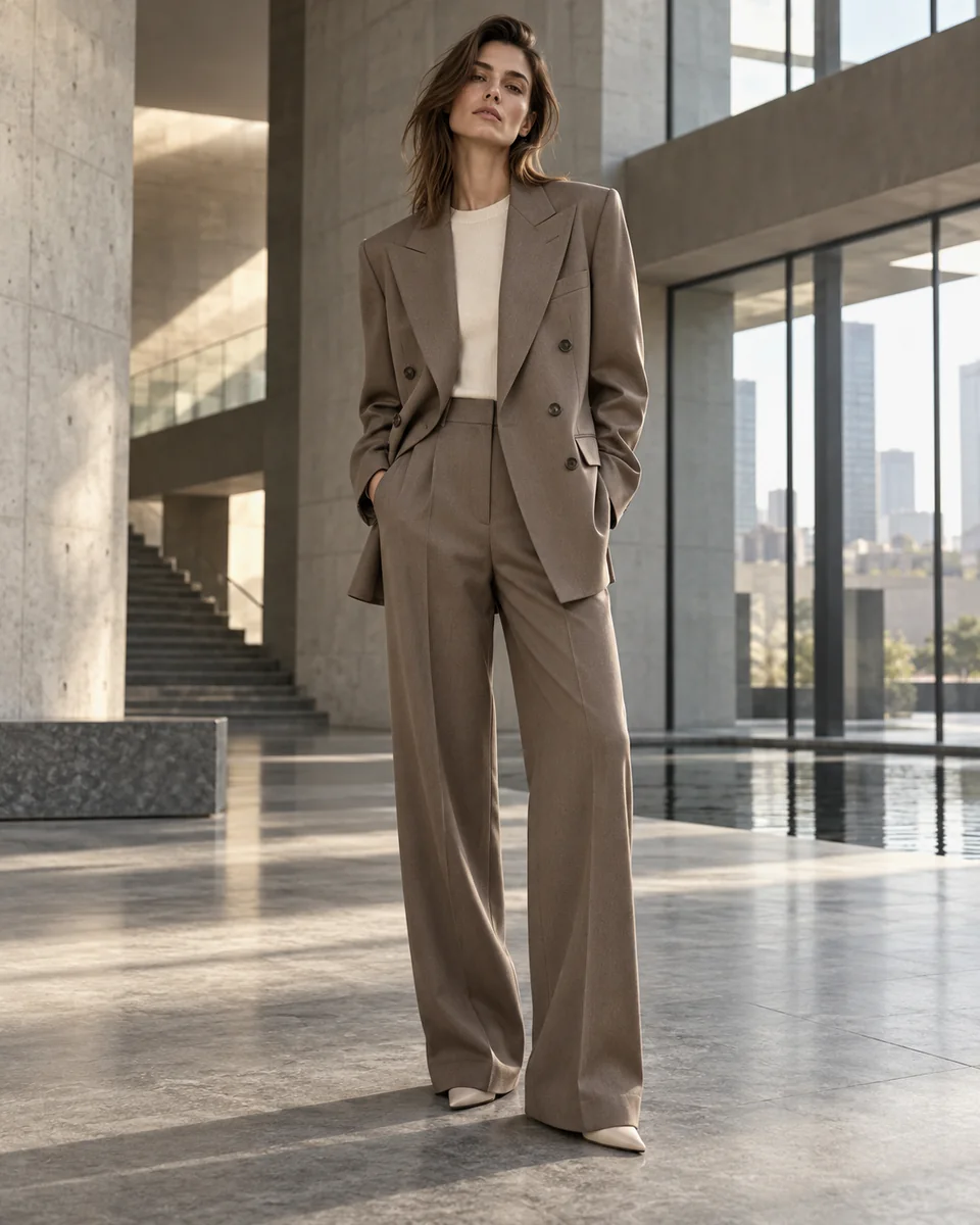 可可棕女士宽松双排扣裤装，戗驳领与宽松廓形的西服定制风格示意